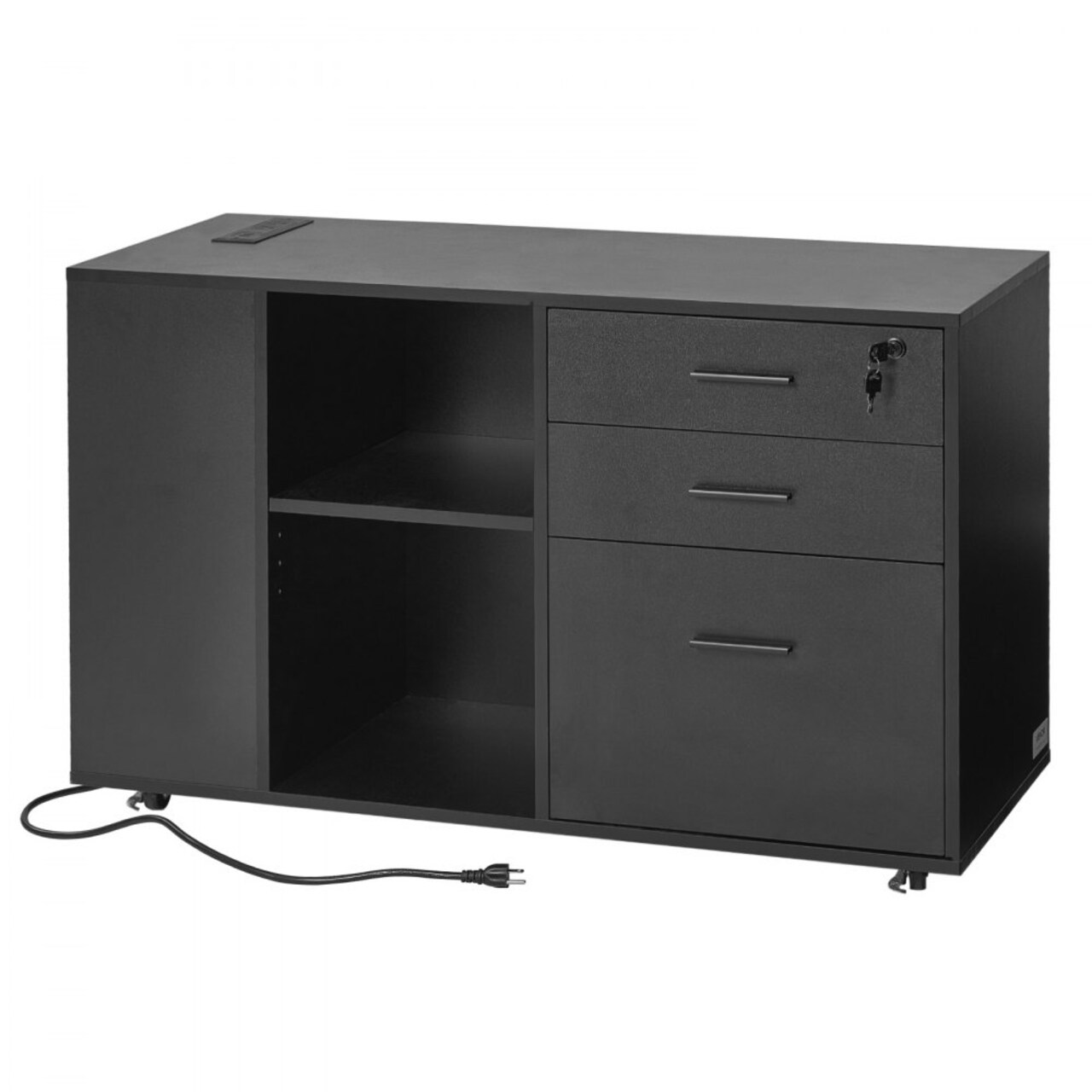 Black Wooden Rolling Office File Cabinet with Lockable Drawers and Adjustable Shelves Large Desktop Storage